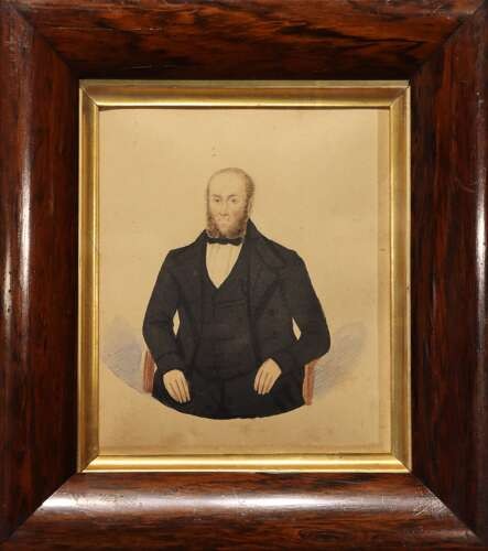 A set of five framed Regency period watercolour portraits depicting seated men and women in dark attire, mounted within wide rosewood frames with gilt inner slips. View III