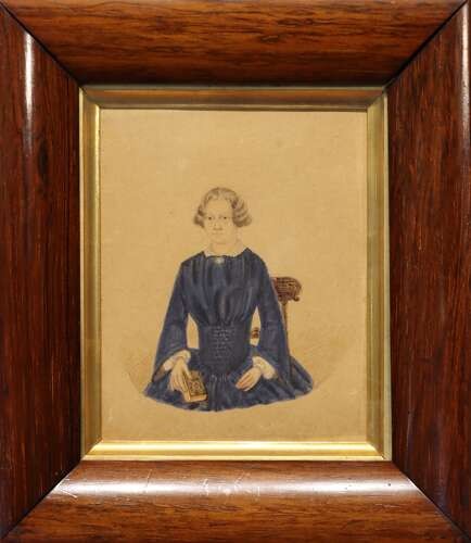 A set of five framed Regency period watercolour portraits depicting seated men and women in dark attire, mounted within wide rosewood frames with gilt inner slips. View IV