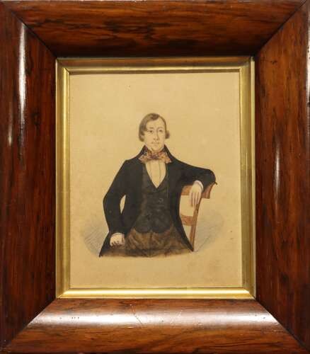 A set of five framed Regency period watercolour portraits depicting seated men and women in dark attire, mounted within wide rosewood frames with gilt inner slips. View V