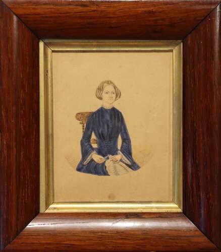 A set of five framed Regency period watercolour portraits depicting seated men and women in dark attire, mounted within wide rosewood frames with gilt inner slips. View VI