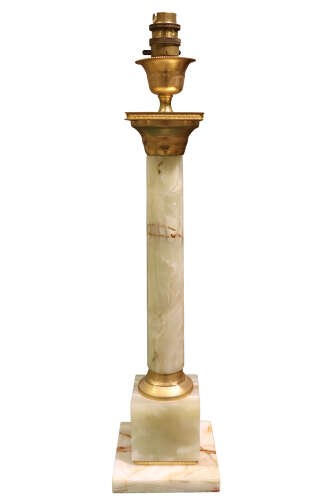 A pair of Neoclassical style table lamps featuring pale green onyx columns mounted with gilt metal capitals and bases, topped with square white lampshades. View III