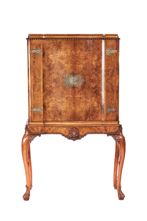 COCKTAIL CABINET FINE BURR WALNUT CARVED 2 DOOR CABINET