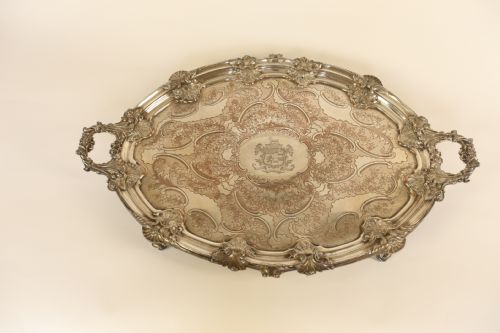 LARGE VICTORIAN SILVER PLATED TRAY RUSSELL FAMILY CREST