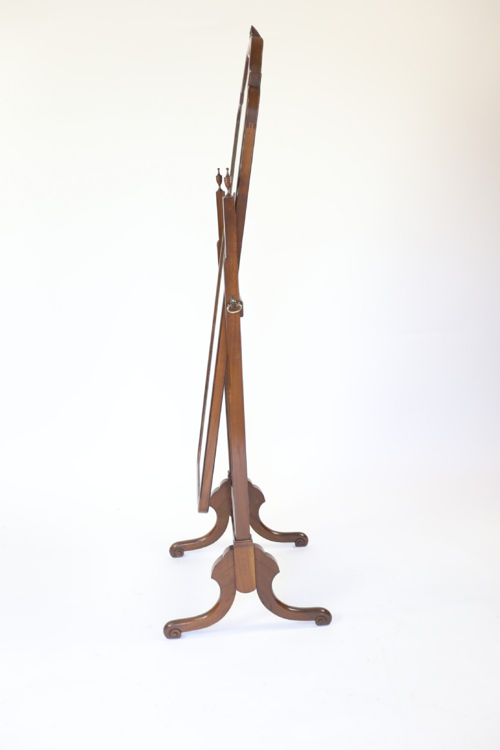 A full-length walnut cheval mirror featuring an arched frame with a carved shell motif crest, turned side support posts, and splayed legs. View IV