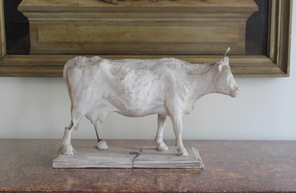 A nineteenth-century off-white plaster anatomical model of a standing cow mounted on an integral plaster rectangular base.