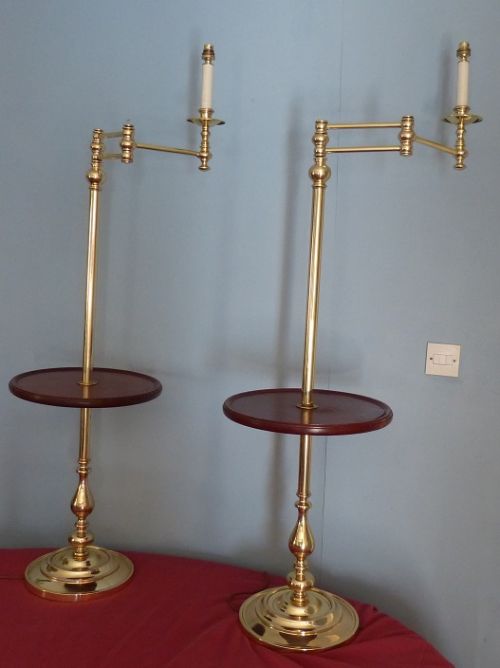 A Pair of Brass and Mahogany Library Standard Lamps