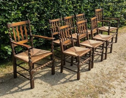 A Set of Eight Oak  Rush Seated Dining Chairs