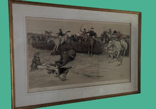 A Coloured Print by Cecil Aldin "The First Fence"
