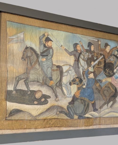 A horizontal framed antique painting on silk depicting figures on horseback engaged in a battle scene against a neutral background. View II
