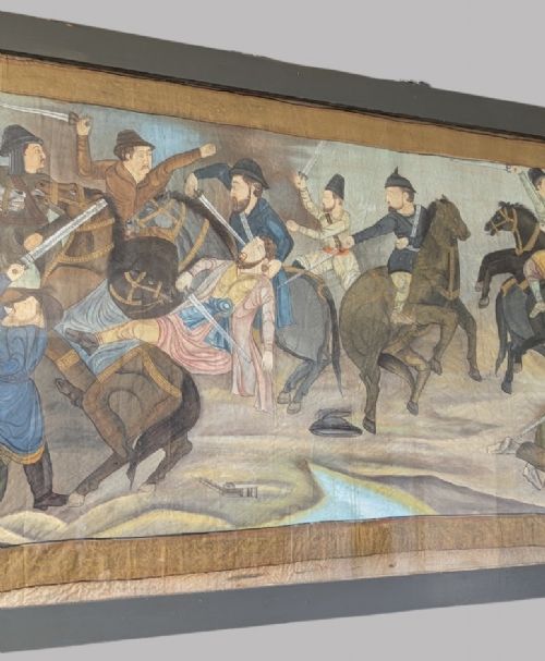 A horizontal framed antique painting on silk depicting figures on horseback engaged in a battle scene against a neutral background. View III