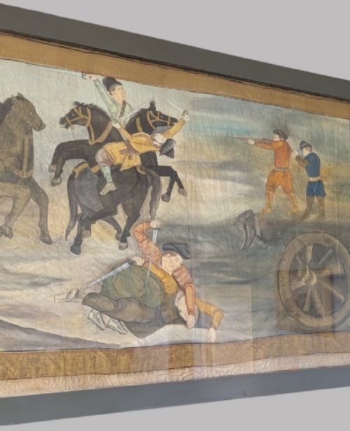 A horizontal framed antique painting on silk depicting figures on horseback engaged in a battle scene against a neutral background. View IV