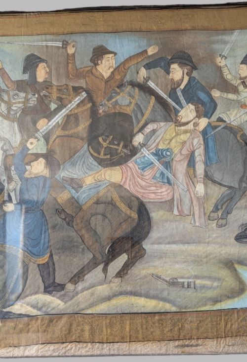 A horizontal framed antique painting on silk depicting figures on horseback engaged in a battle scene against a neutral background. View VII