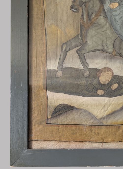 A horizontal framed antique painting on silk depicting figures on horseback engaged in a battle scene against a neutral background. View VIII