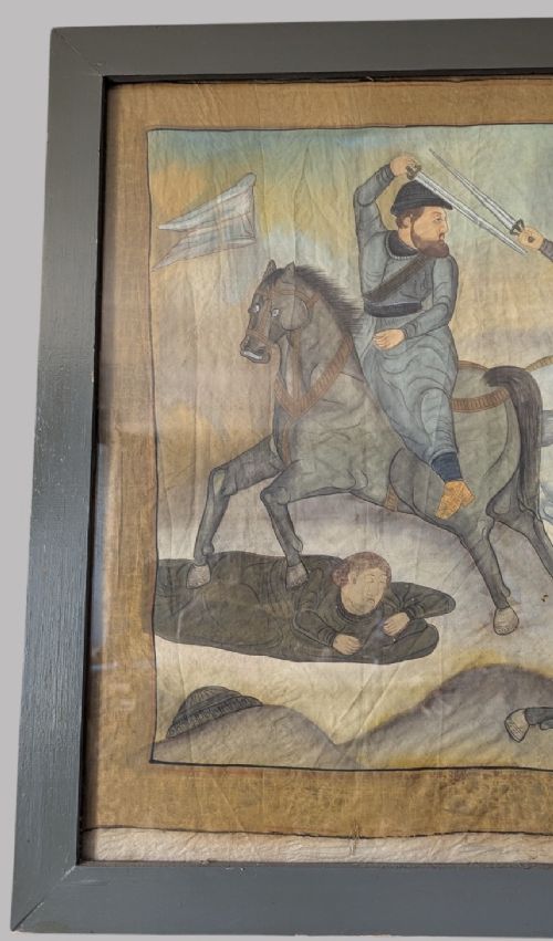 A horizontal framed antique painting on silk depicting figures on horseback engaged in a battle scene against a neutral background. View IX