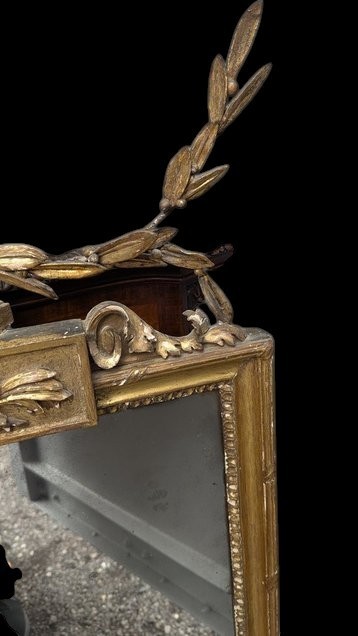 A late 19th-century rectangular Neoclassical giltwood wall mirror featuring an urn cresting and laurel branch swags. View IV