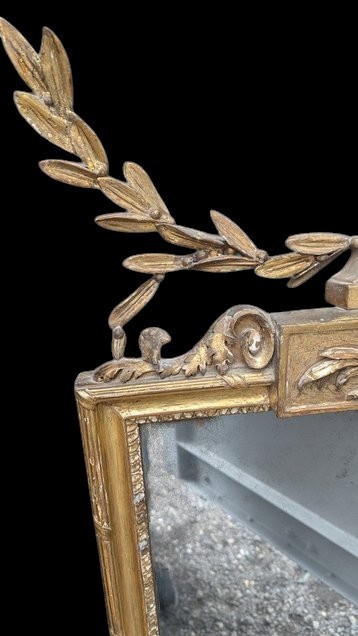A late 19th-century rectangular Neoclassical giltwood wall mirror featuring an urn cresting and laurel branch swags. View V