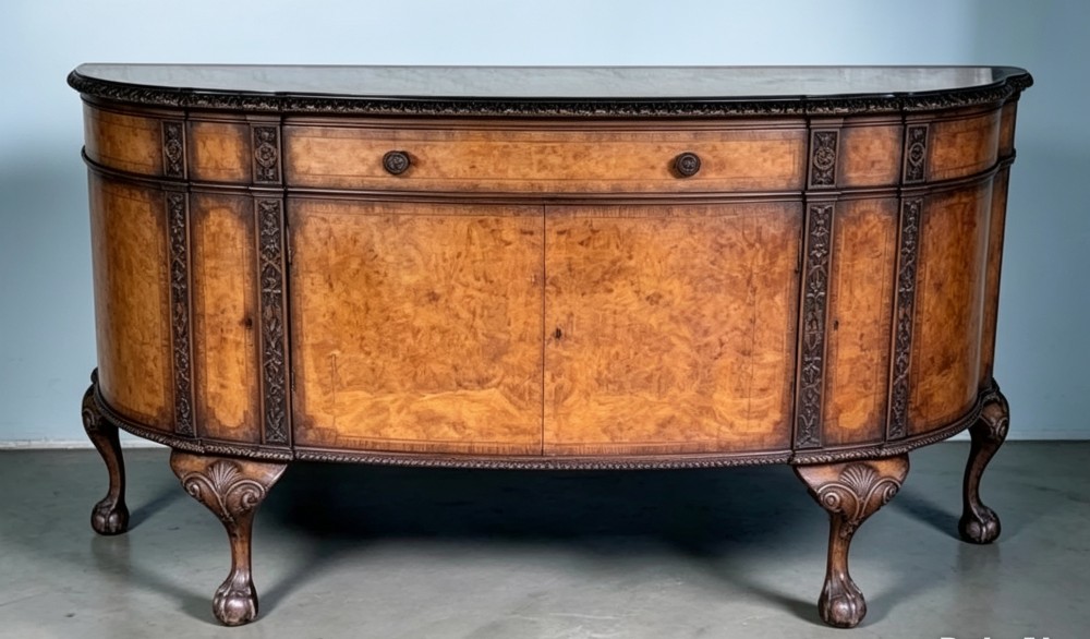 A semicircular burr walnut demi-lune sideboard featuring carved cabriole legs with ball-and-claw feet and decorative foliage carvings on the upright pilasters.