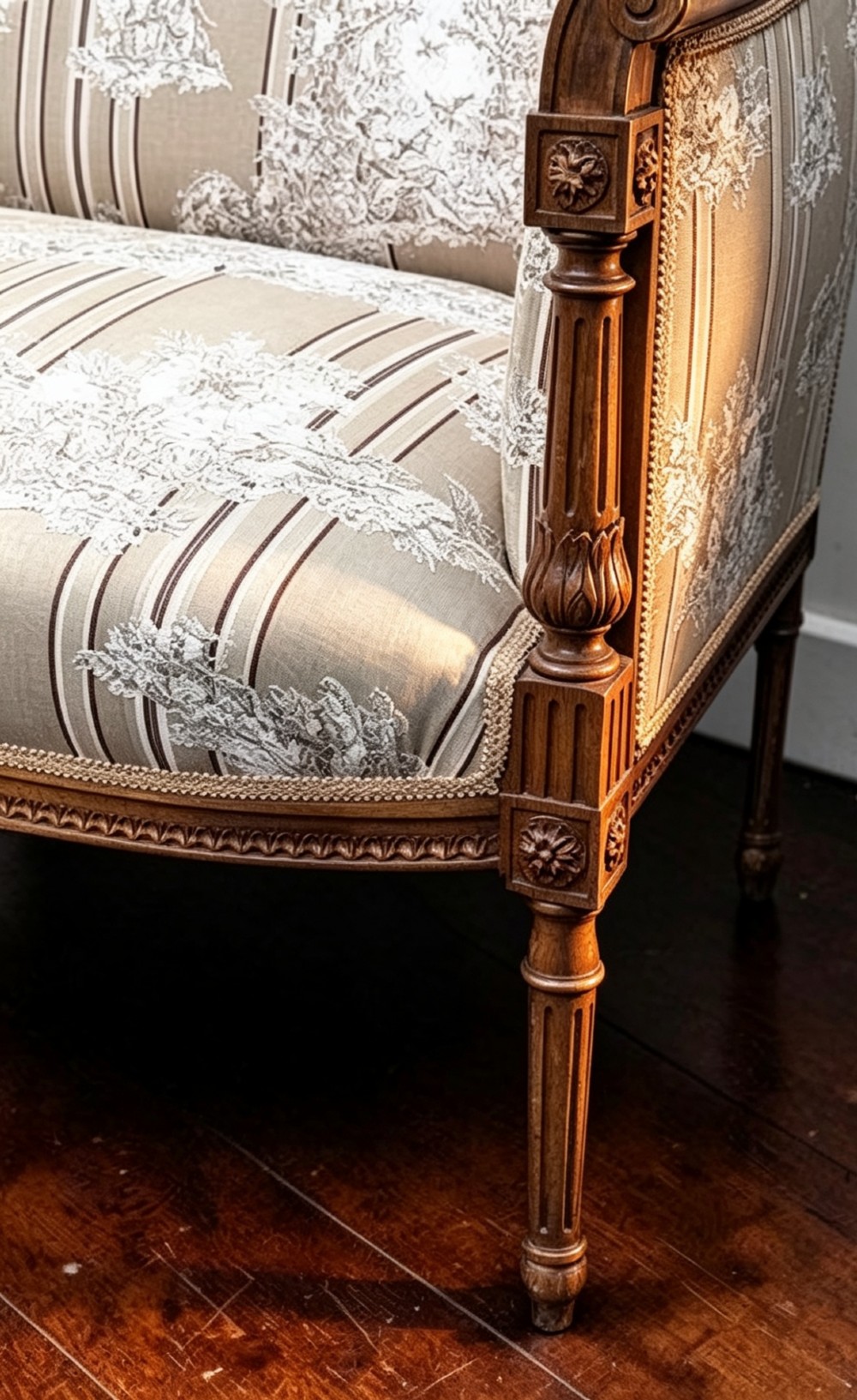 An Edwardian walnut drawing room sofa with a curved backrest, turned finials, slender turned legs, and beige striped floral upholstery. View VII