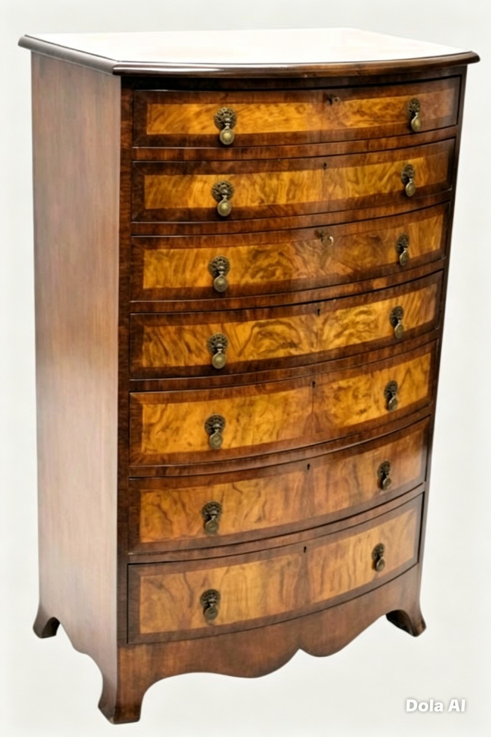 A tall Georgian style bowfront chest of drawers crafted in figured burr walnut with brass drop handles. View VIII