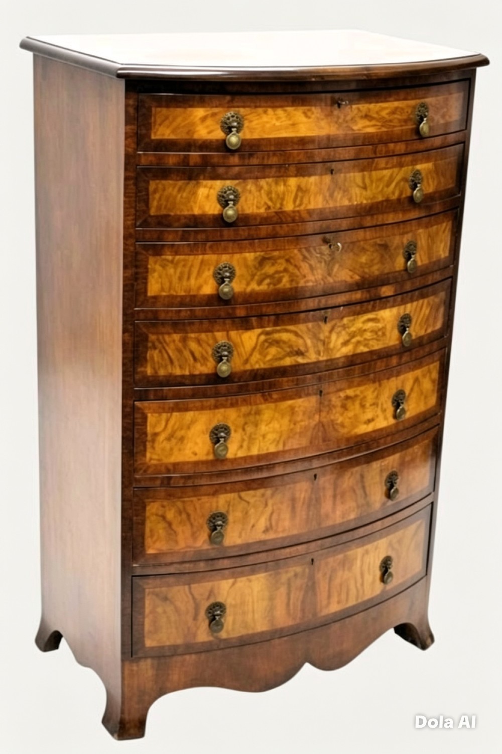 A tall Georgian style bowfront chest of drawers crafted in figured burr walnut with brass drop handles. View IX