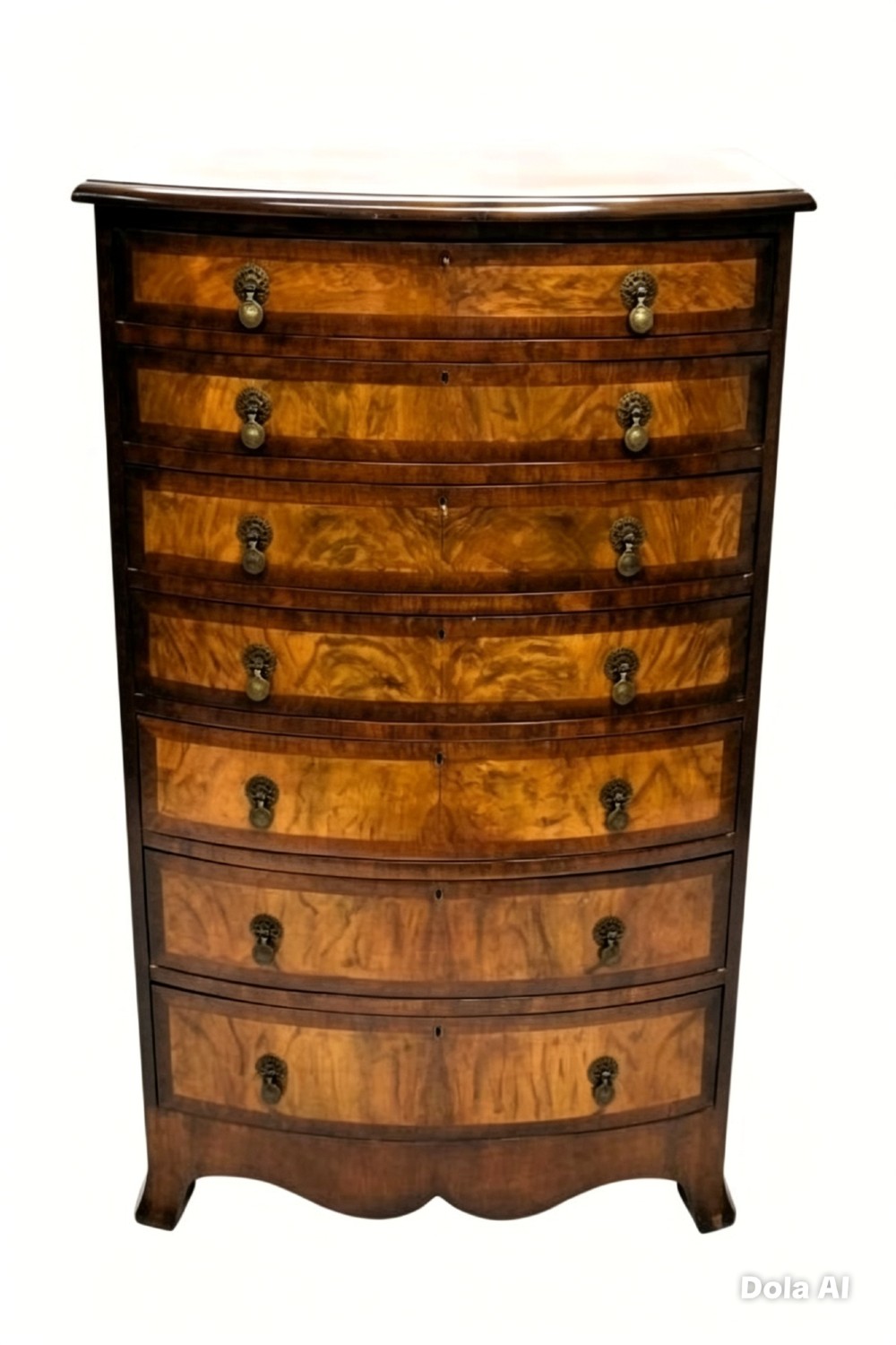 A tall Georgian style bowfront chest of drawers crafted in figured burr walnut with brass drop handles.