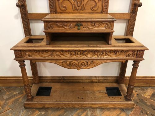 fig 1. Heavily Carved Victorian Light Oak Hat and Coat Hall Stand
