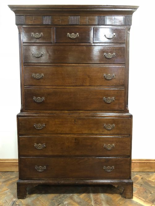 Late 18th Century Welsh Oak Two Stage Tall Boy Chest Upon Chest
