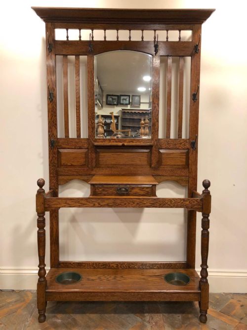 Antique Oak Mirror Back Hat and Coat Hall Stand