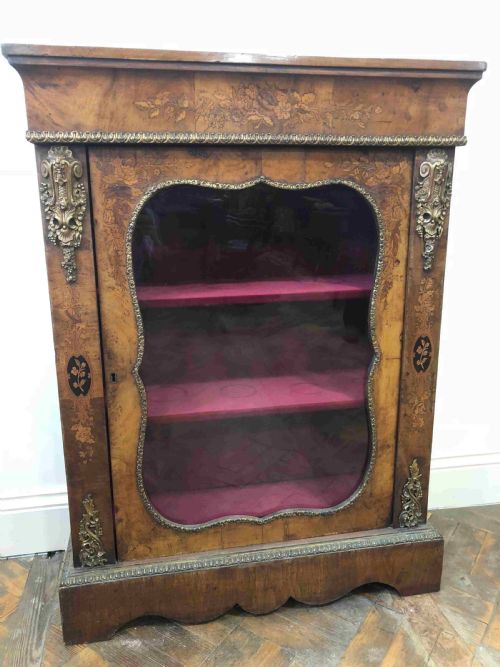 fig 1. Beautiful 19th Century Inlaid Walnut Pier Cabinet with Glazed Front