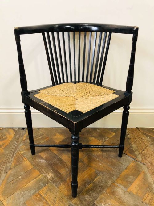 Ebonised Arts and Crafts Corner Chair with Rush Seat