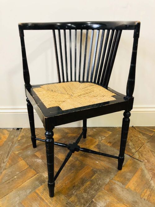 fig 1. Ebonised Arts and Crafts Corner Chair with Rush Seat