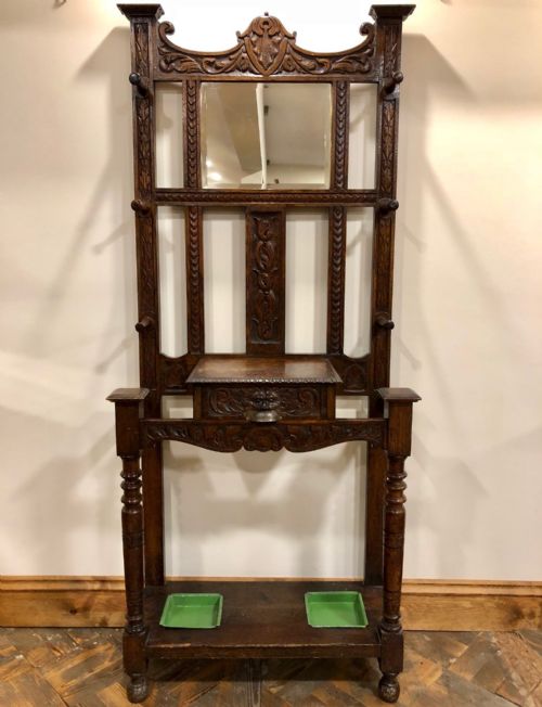 Antique Heavily Carved Gothic Style Oak Hall Stand
