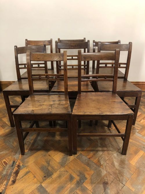 fig 1. Harlequin Set of Eight Welsh Oak Ball and Rail Back Farmhouse Kitchen Chairs
