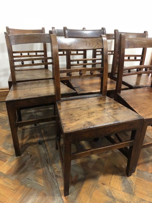 fig 2. Harlequin Set of Eight Welsh Oak Ball and Rail Back Farmhouse Kitchen Chairs