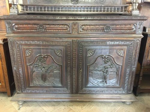fig 1. Large Heavily Carved Breton Style Buffet Deux Corps Dresser Sideboard