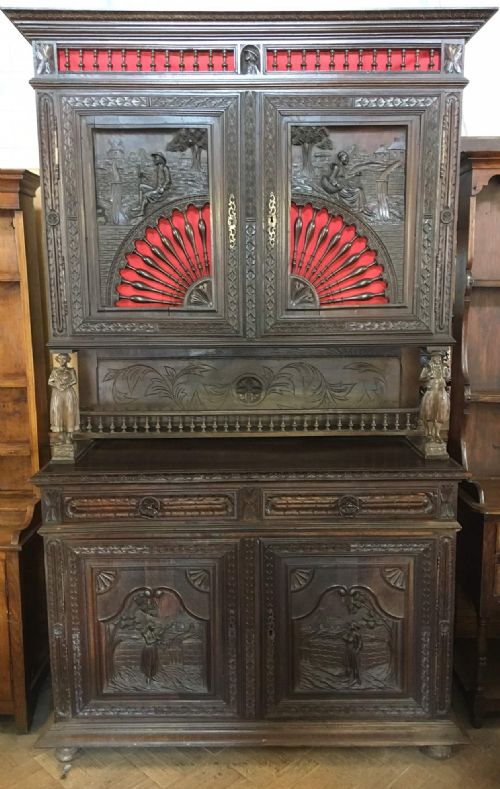 Large Heavily Carved Breton Style Buffet Deux Corps Dresser Sideboard