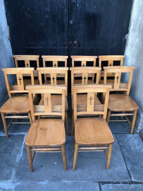 Set of Ten Chapel or Church Chairs with Cross Back and Book Holder
