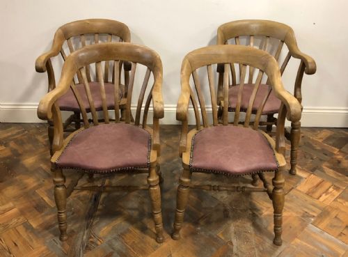 Set of 4 Antique Wooden Bow Armchairs with Leather Seats