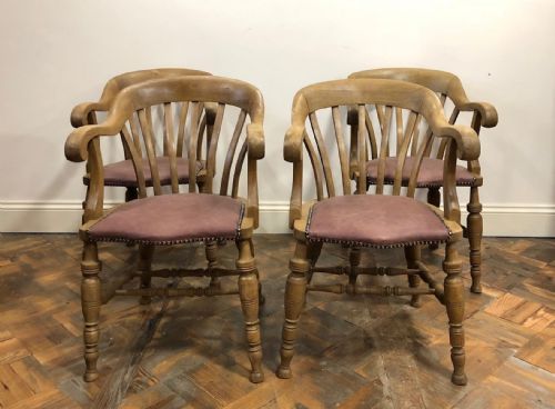 fig 1. Set of 4 Antique Wooden Bow Armchairs with Leather Seats