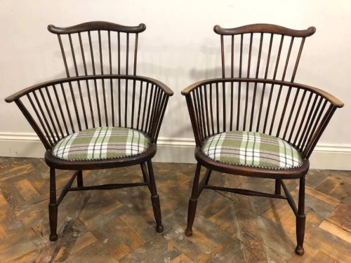 Pair of Spindle Back Windsor Armchairs with Upholstered Seats