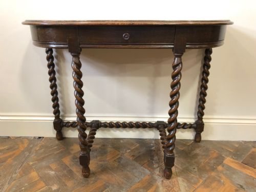 Antique Oak Hall Table or D Table with Barley Twist Legs