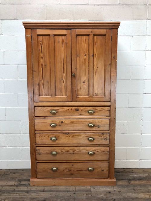 Large Antique Pine Two Door Cupboard with Drawers
