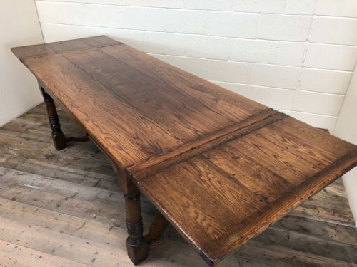 Large Extendable Oak Refectory Style Monastic Table with Pull Out Drawer Leaves