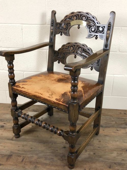 Carved Oak Armchair with Leather Seat