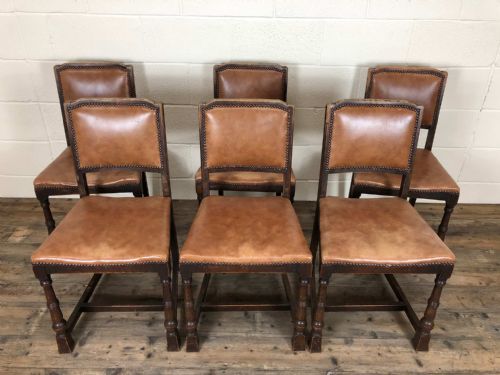 Set of Six Brown Tan Leather Studded Chairs
