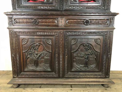 fig 1. Large Heavily Carved Gothic Style Buffet Deux Corps Dresser
