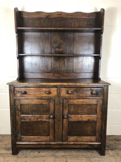 Antique Jacobean Revival Elm Welsh Dresser of Small Proportions