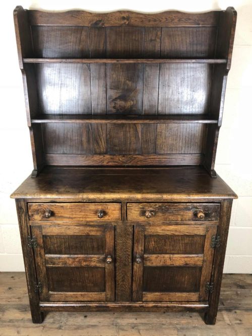 fig 1. Antique Jacobean Revival Elm Welsh Dresser of Small Proportions