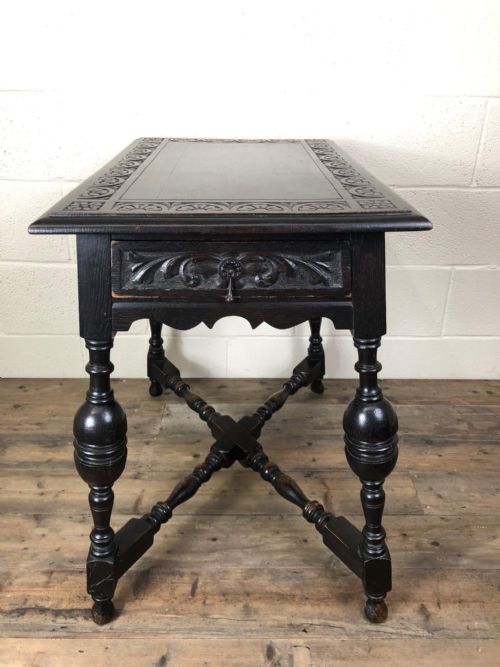 Carved Oak Side Table with Drawer