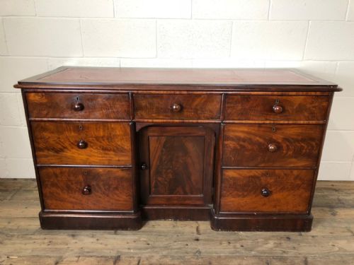 Victorian Flame Mahogany Desk with Red Leather Top